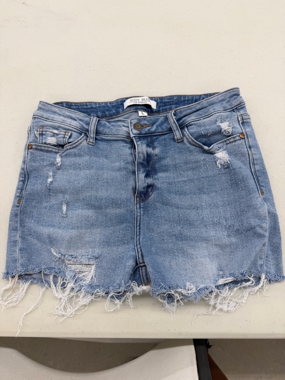 Judy Blue Medium Light Blue Distressed Frayed Hem Denim Shorts